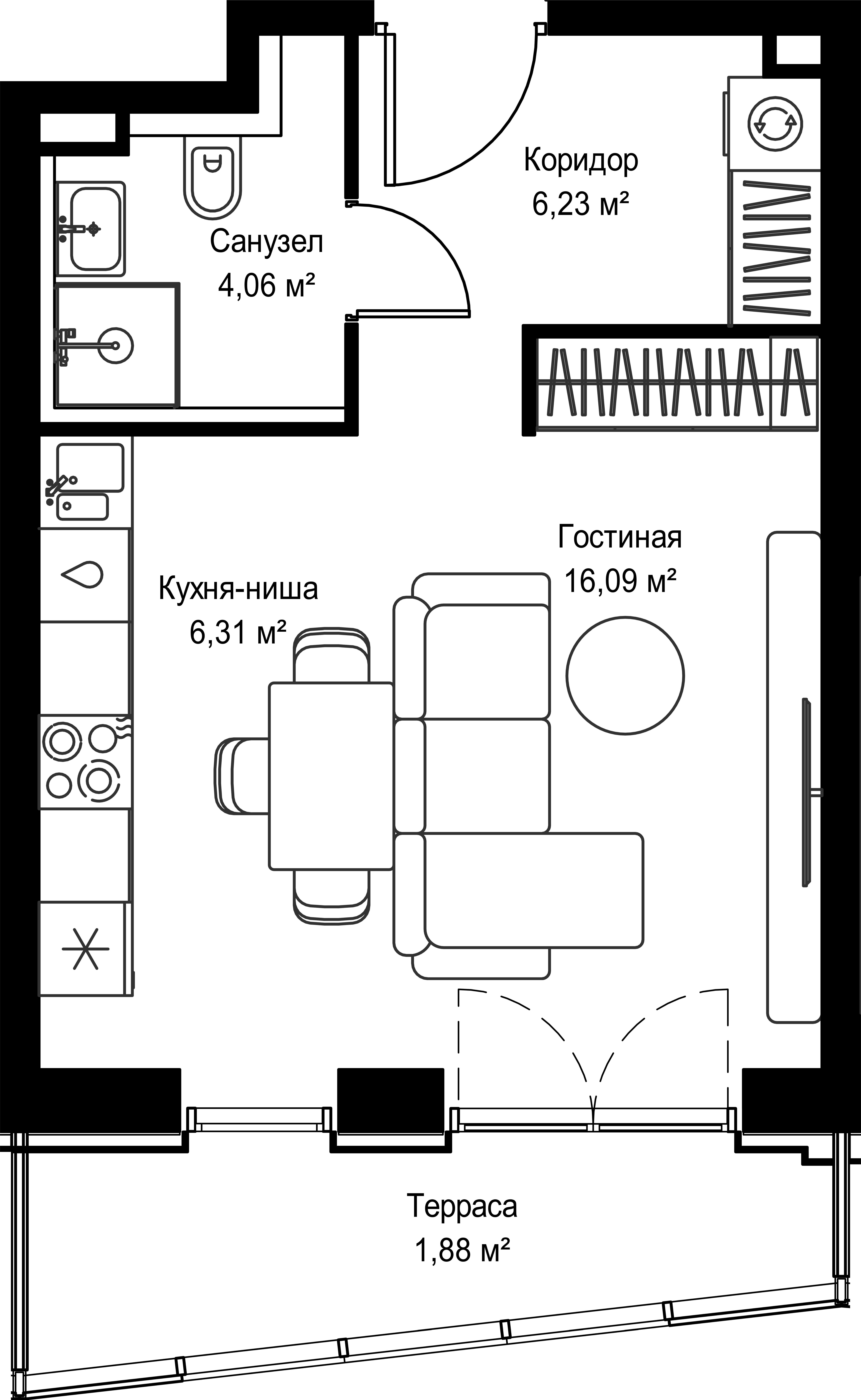 Студия, 34.57 м<sup>2</sup>, 31/39 этаж