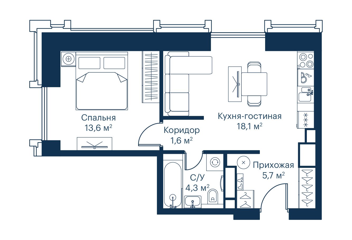 1 комн. кв., 43.33 м<sup>2</sup>, 5 этаж