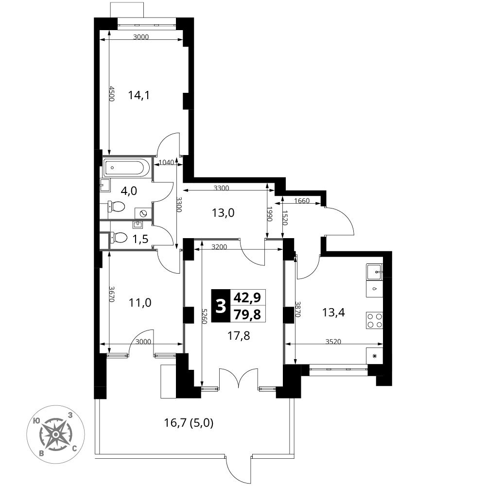 3 комн. кв., 79.8 м<sup>2</sup>, 1 этаж