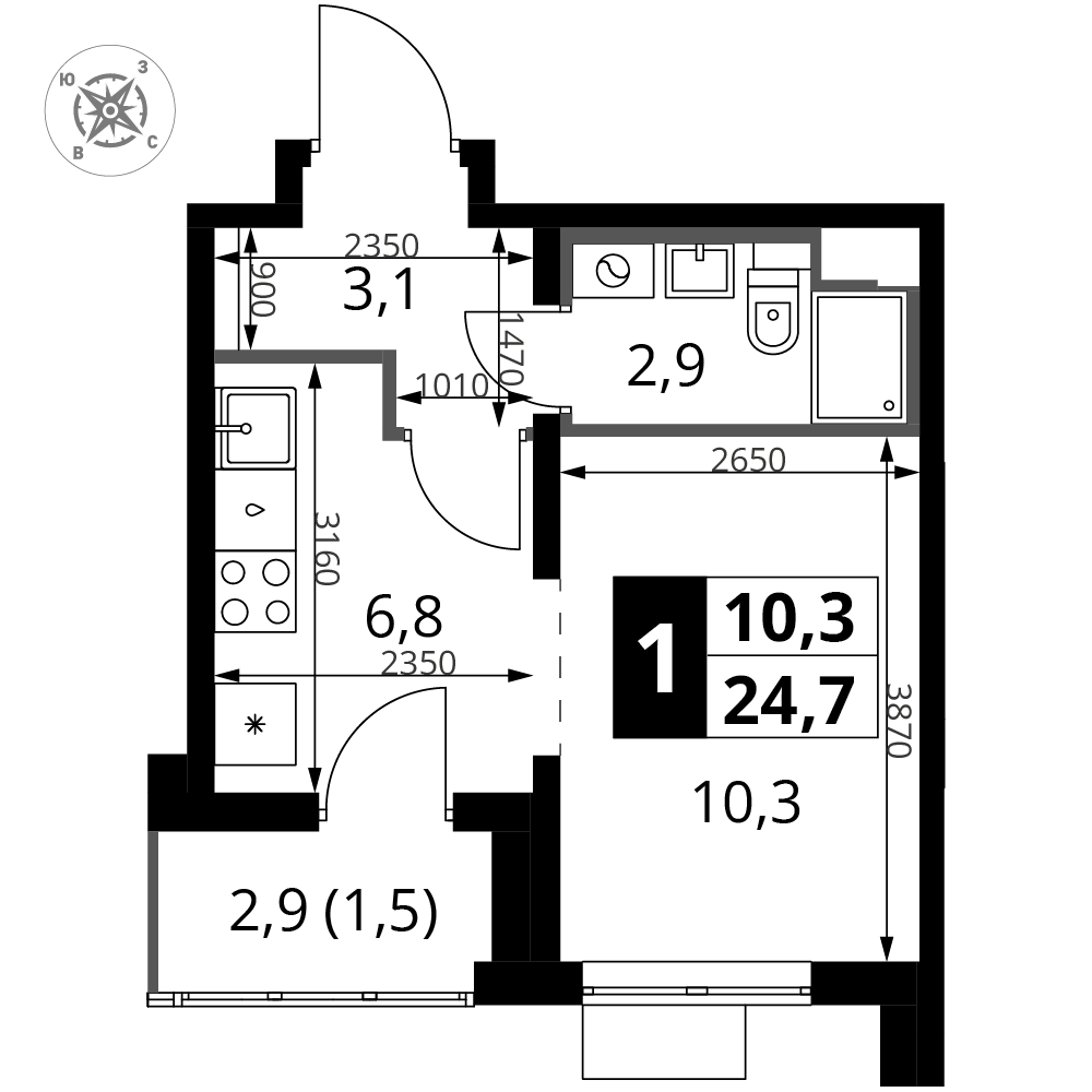 1 комн. кв., 24.6 м<sup>2</sup>, 2 этаж