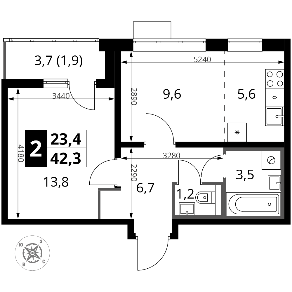 2 комн. кв., 42.3 м<sup>2</sup>, 13 этаж