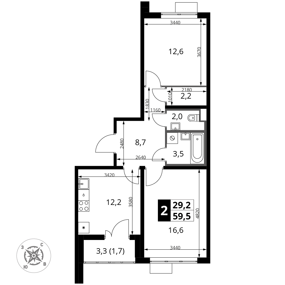2 комн. кв., 59.5 м<sup>2</sup>, 13 этаж