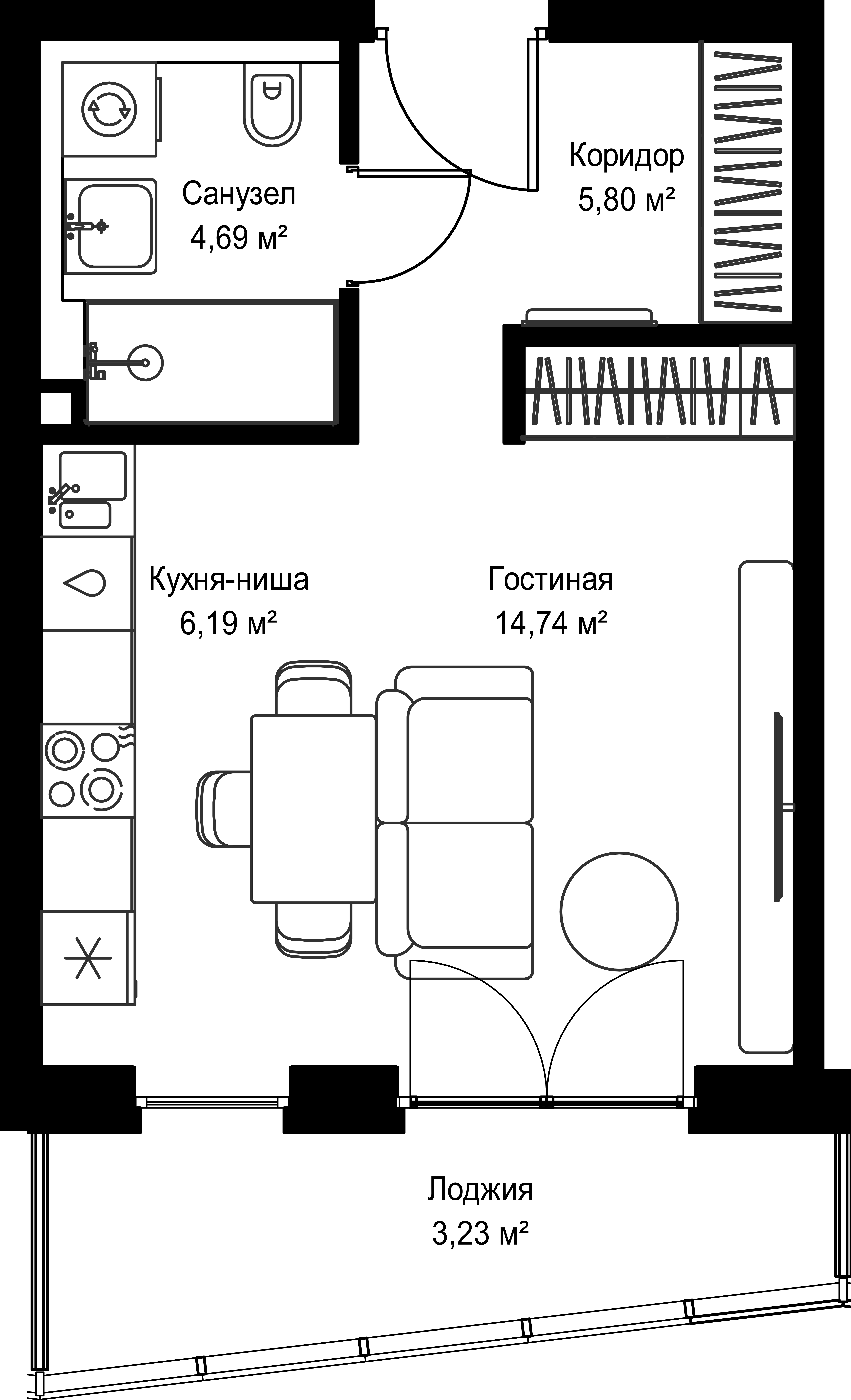 Студия, 34.65 м<sup>2</sup>, 29/39 этаж
