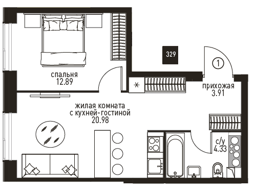 2 комн. кв., 42.11 м<sup>2</sup>, 27/28 этаж