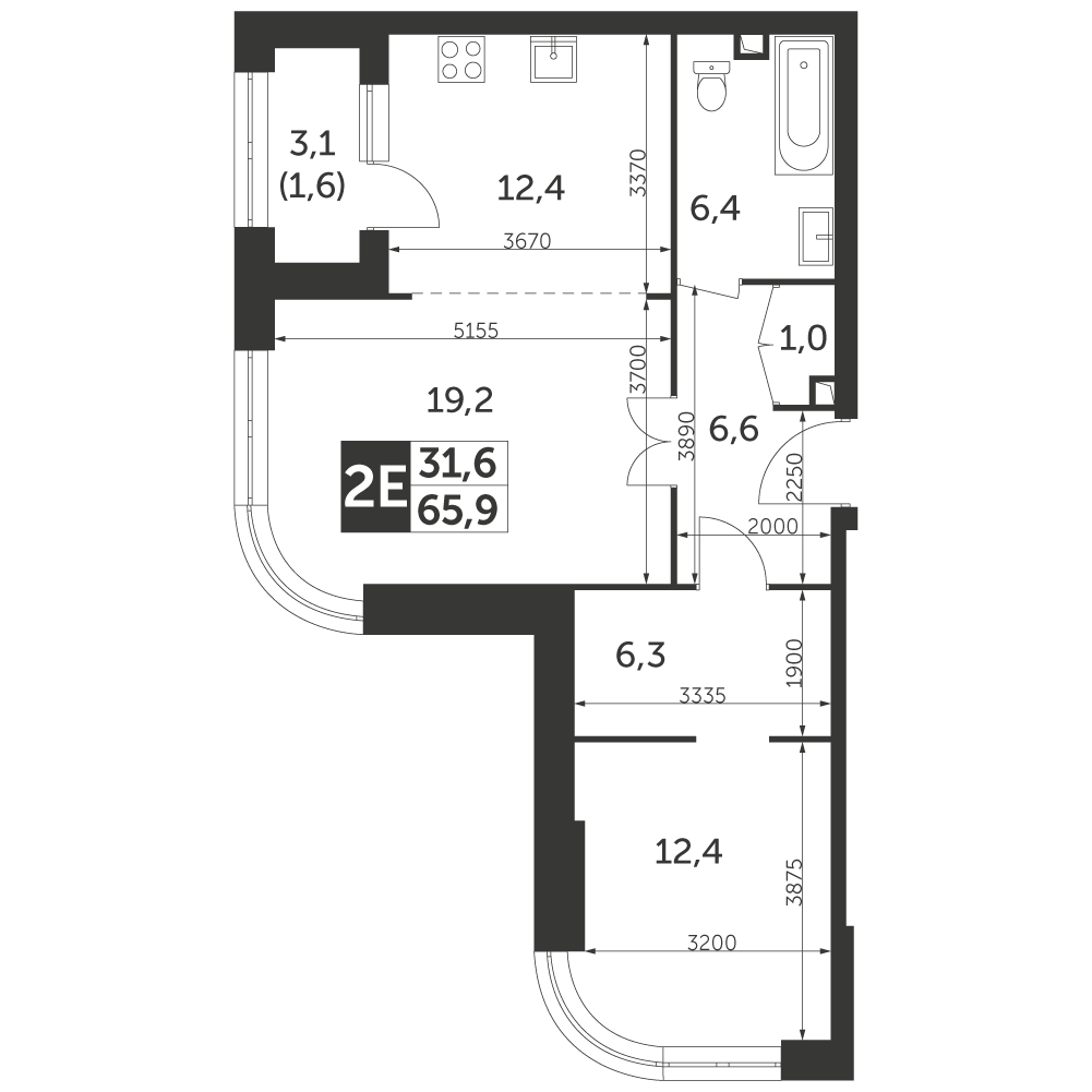 2 комн. кв., 65.9 м<sup>2</sup>, 20/48 этаж