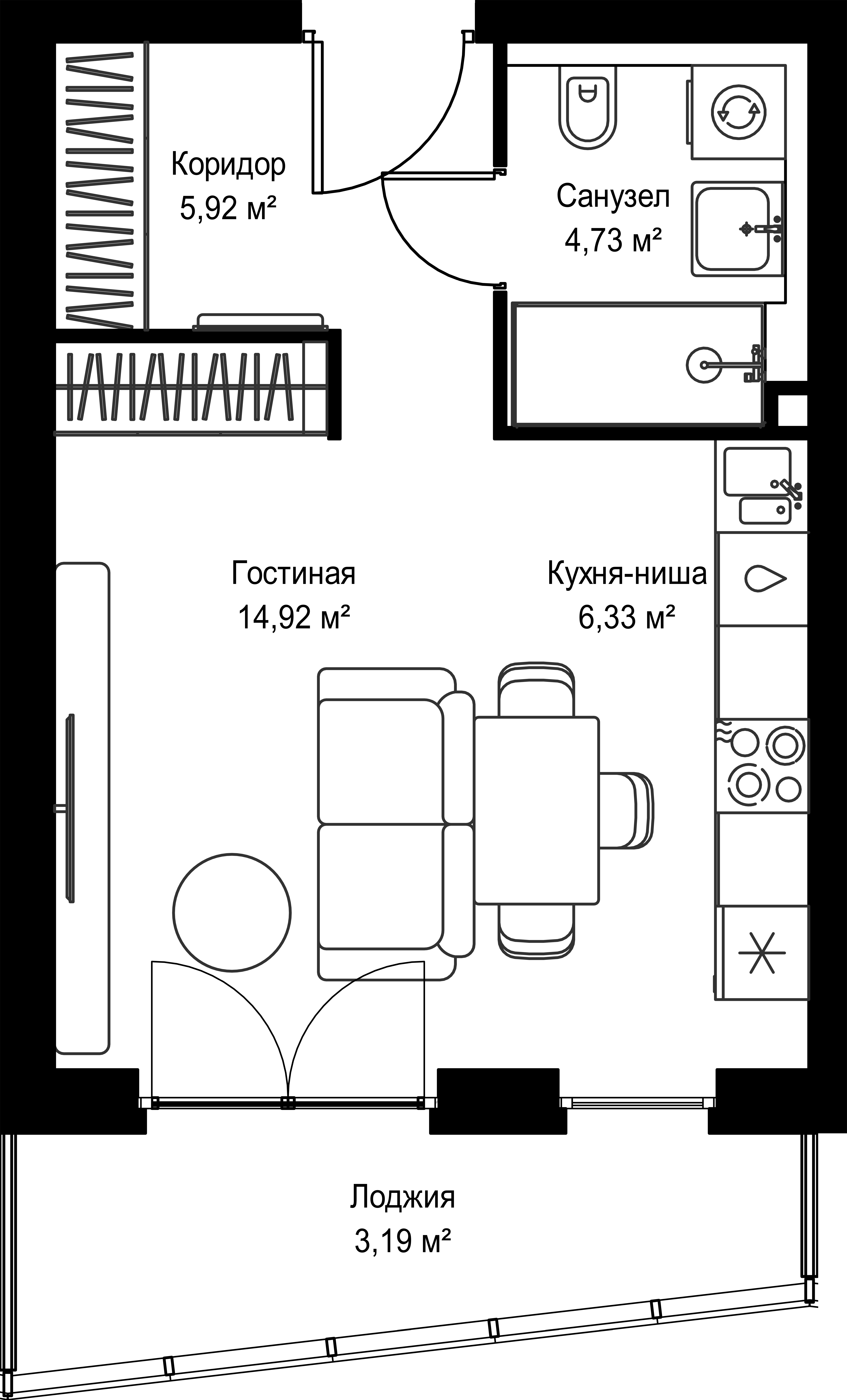Студия, 35.09 м<sup>2</sup>, 28/39 этаж