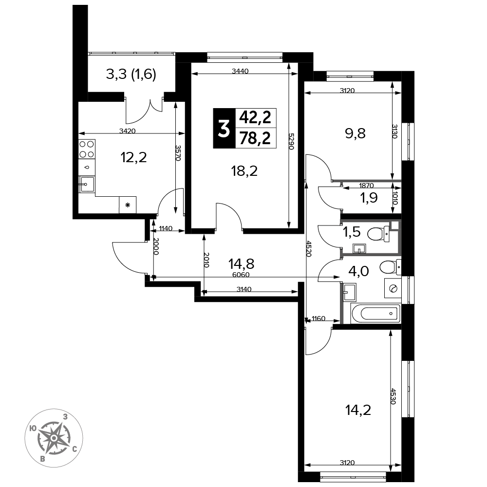 3 комн. кв., 78.2 м<sup>2</sup>, 15 этаж