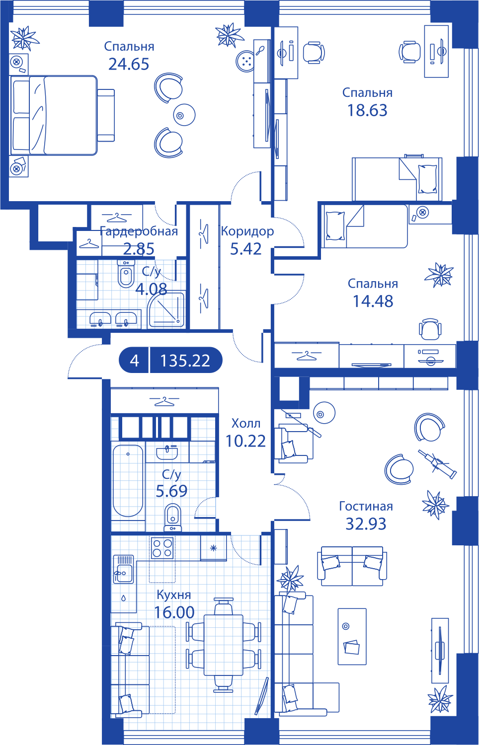 4 комн. кв., 134.6 м<sup>2</sup>, 33 этаж