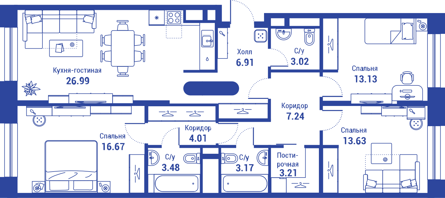 4 комн. кв., 101.46 м<sup>2</sup>, 6 этаж