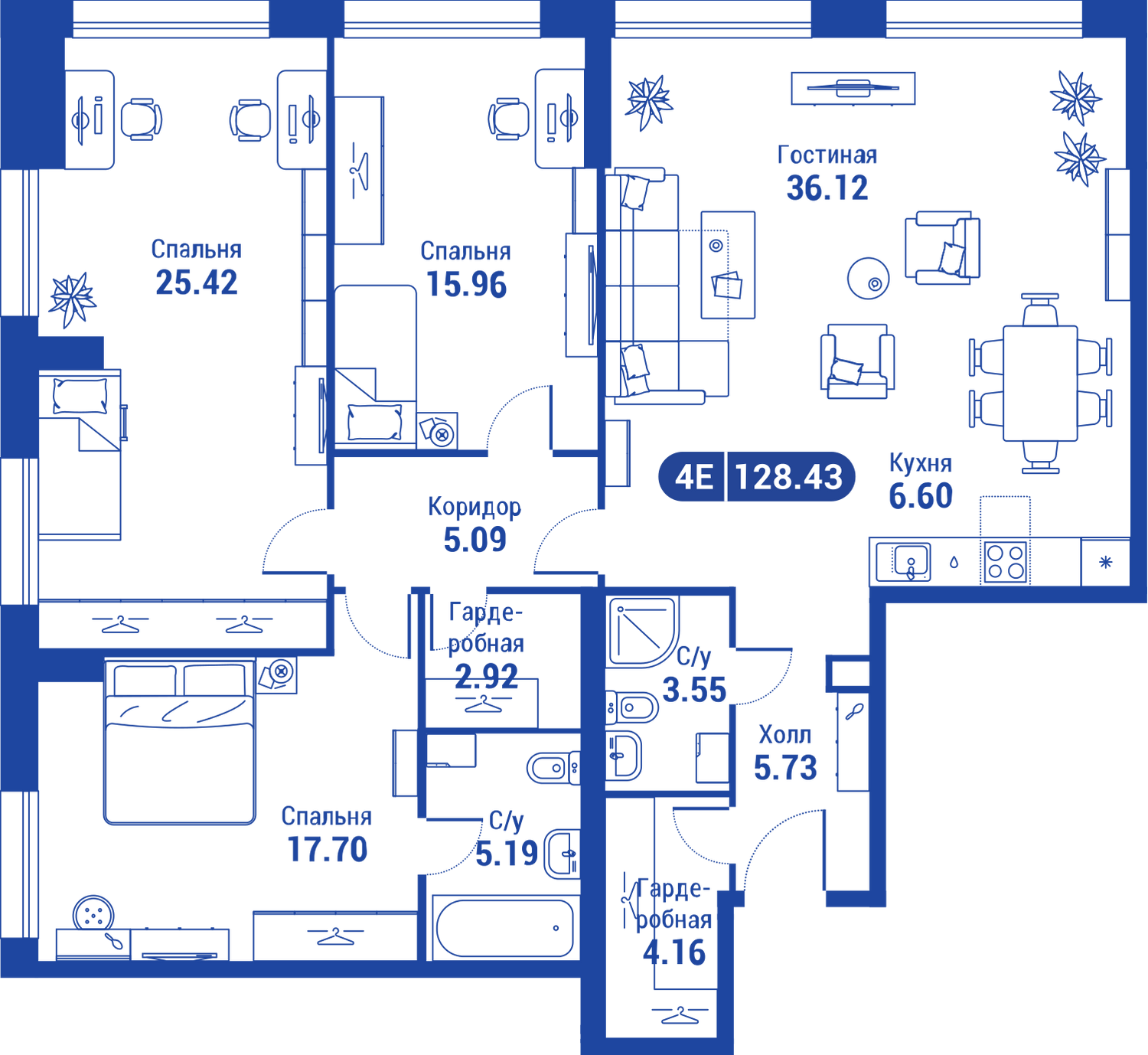 4 комн. кв., 128.1 м<sup>2</sup>, 28 этаж