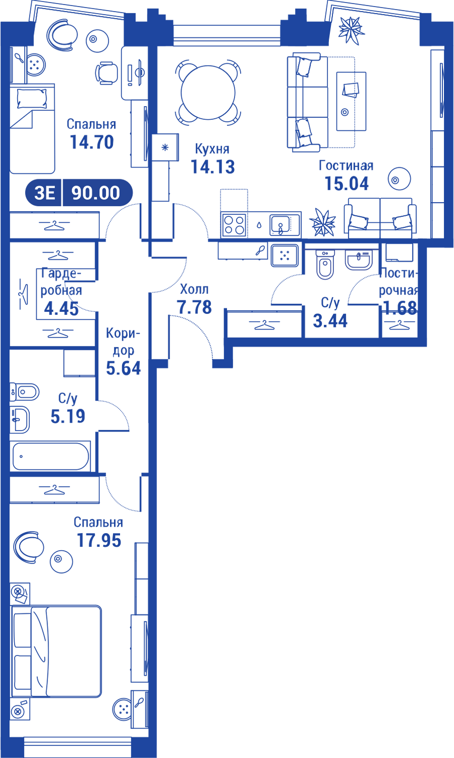 3 комн. кв., 87.2 м<sup>2</sup>, 2 этаж