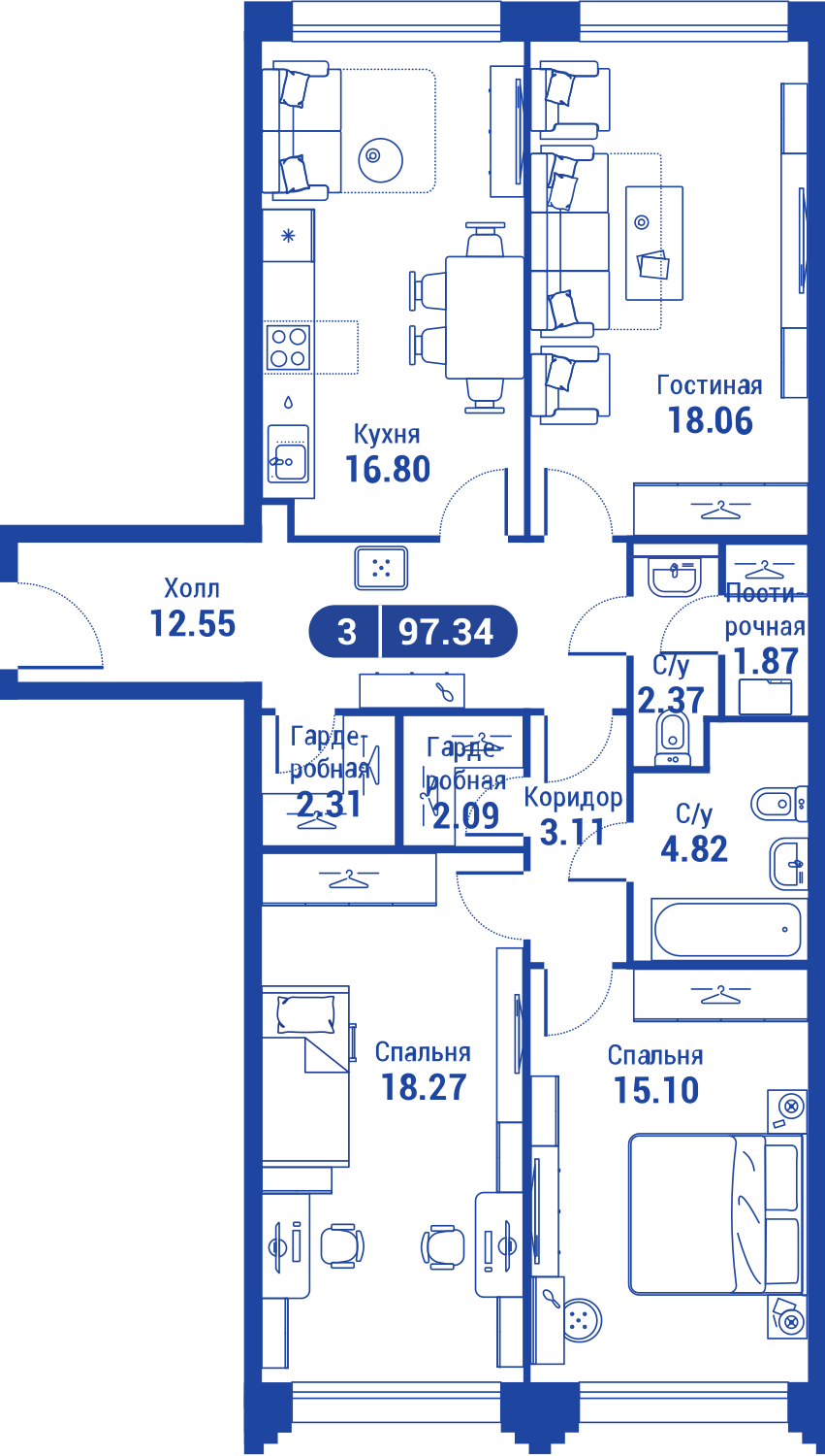 3 комн. кв., 97.1 м<sup>2</sup>, 4 этаж
