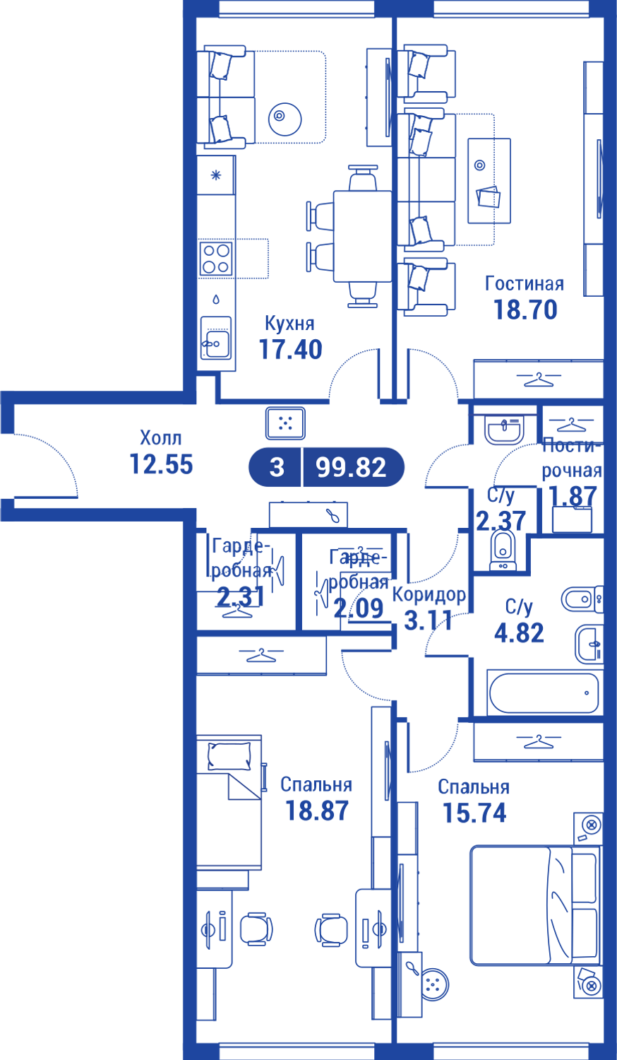 3 комн. кв., 98.6 м<sup>2</sup>, 10 этаж