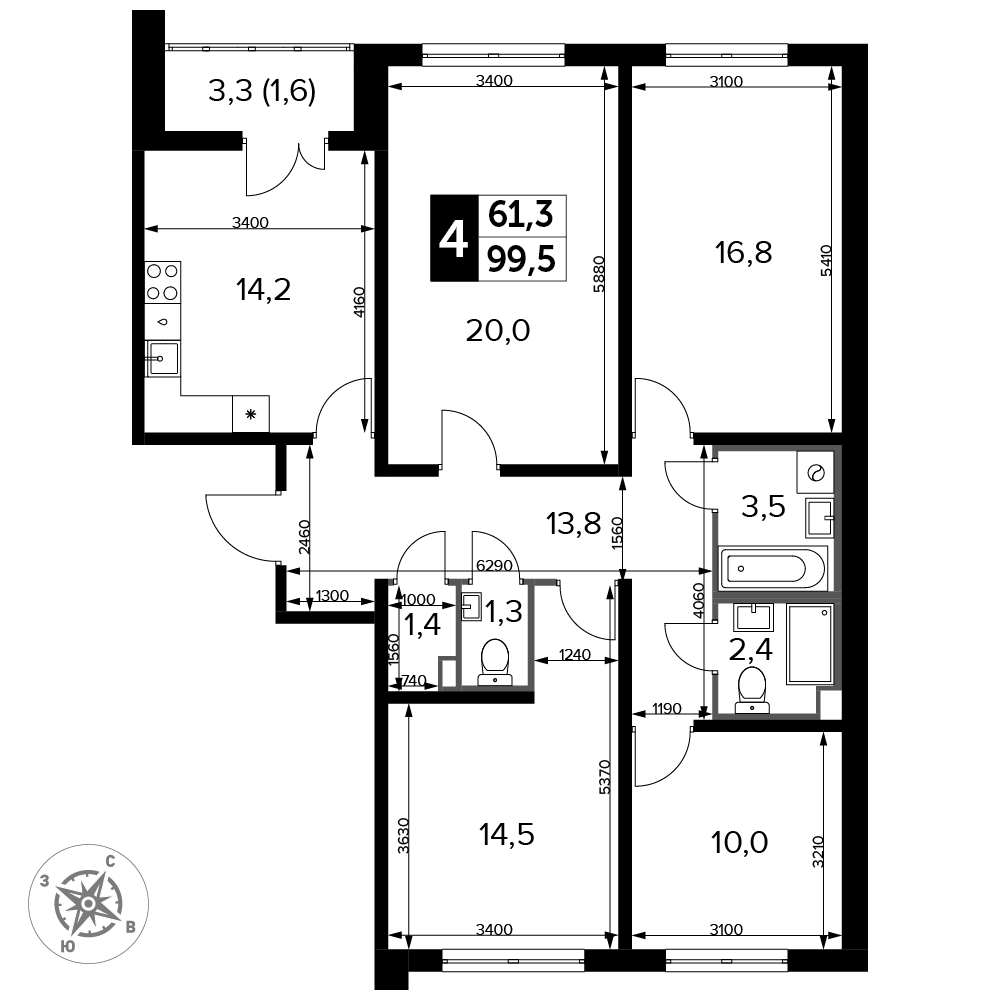 4 комн. кв., 99.5 м<sup>2</sup>, 3 этаж