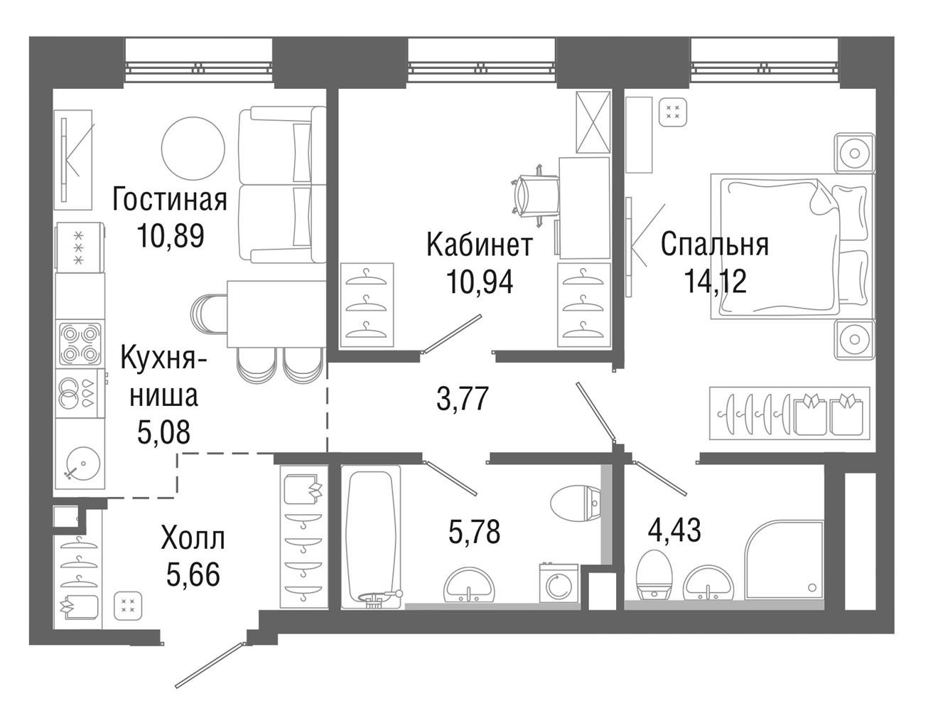 2 комн. кв., 60.4 м<sup>2</sup>, 35 этаж