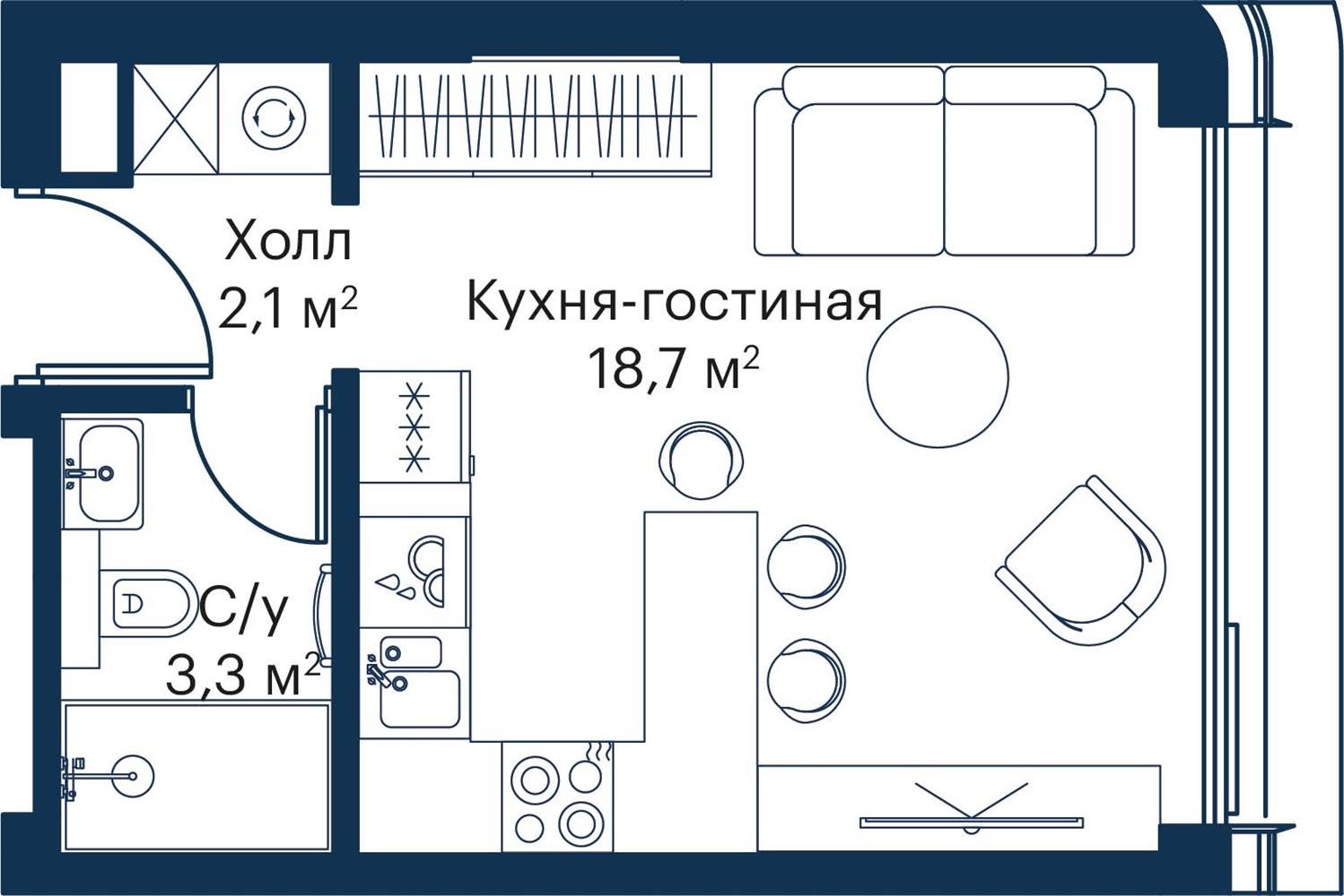 Студия, 24.1 м<sup>2</sup>, 22 этаж