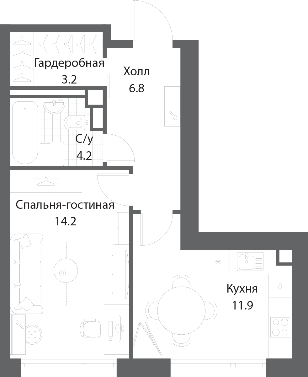 1 комн. кв., 39.9 м<sup>2</sup>, 12 этаж