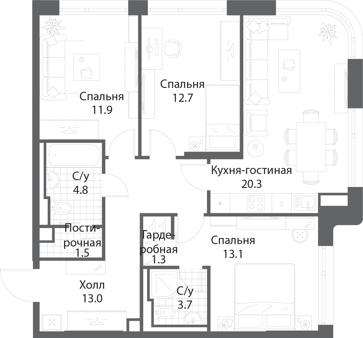 3 комн. кв., 81.9 м<sup>2</sup>, 21 этаж