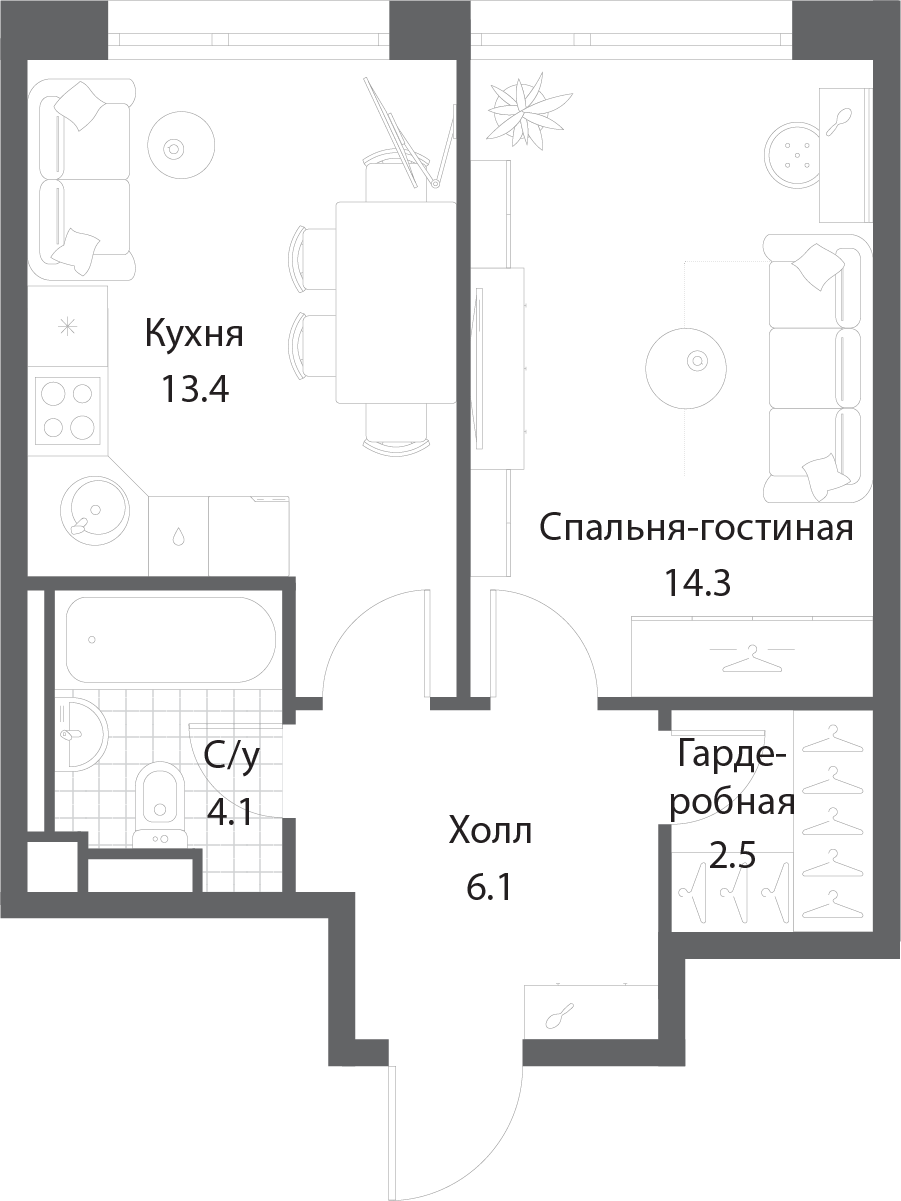 1 комн. кв., 40.3 м<sup>2</sup>, 33 этаж