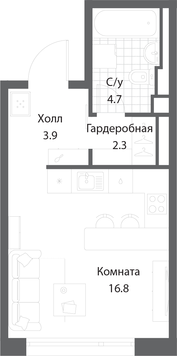 Студия, 27.7 м<sup>2</sup>, 31 этаж