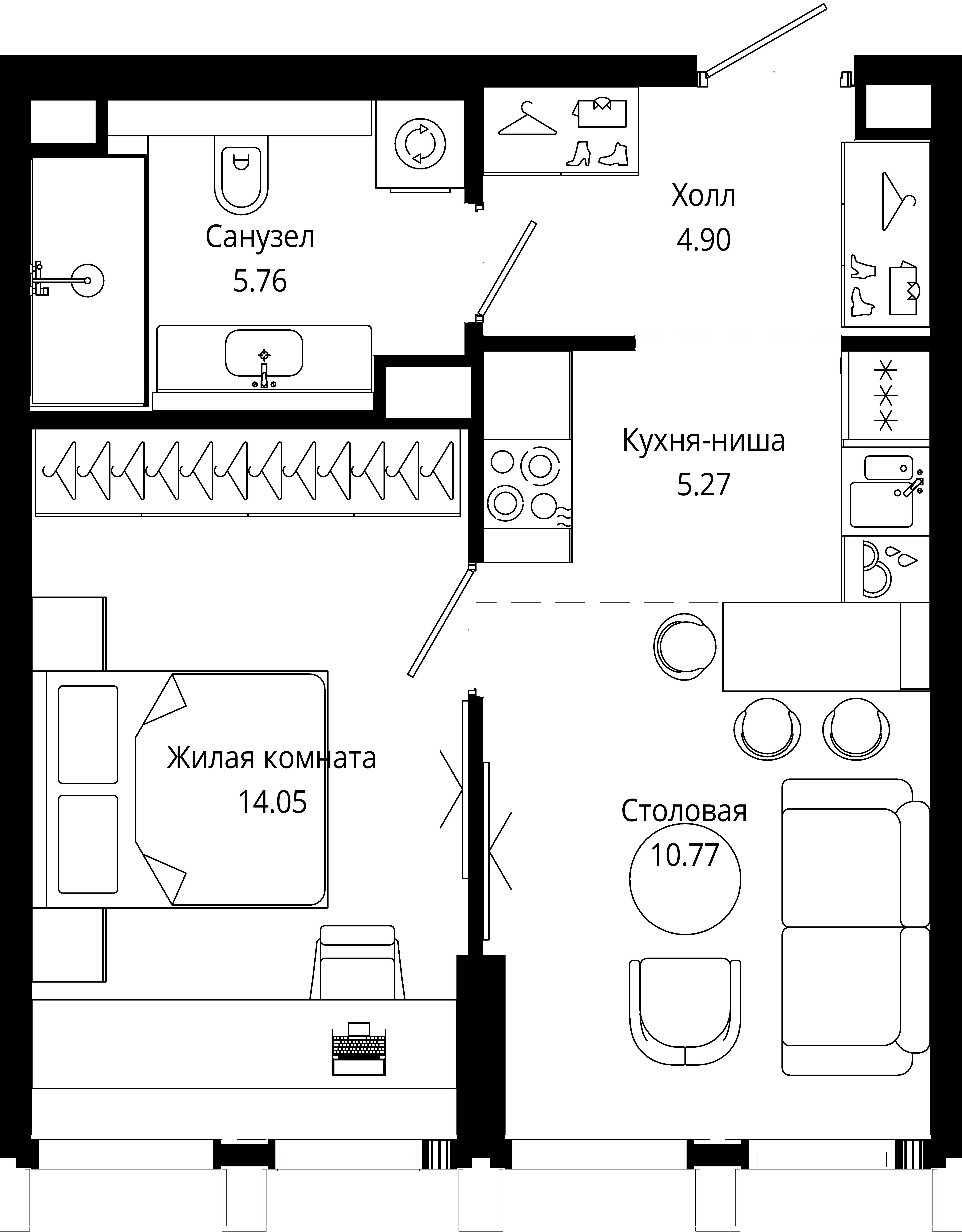 1 комн. кв., 40.7 м<sup>2</sup>, 9/44 этаж