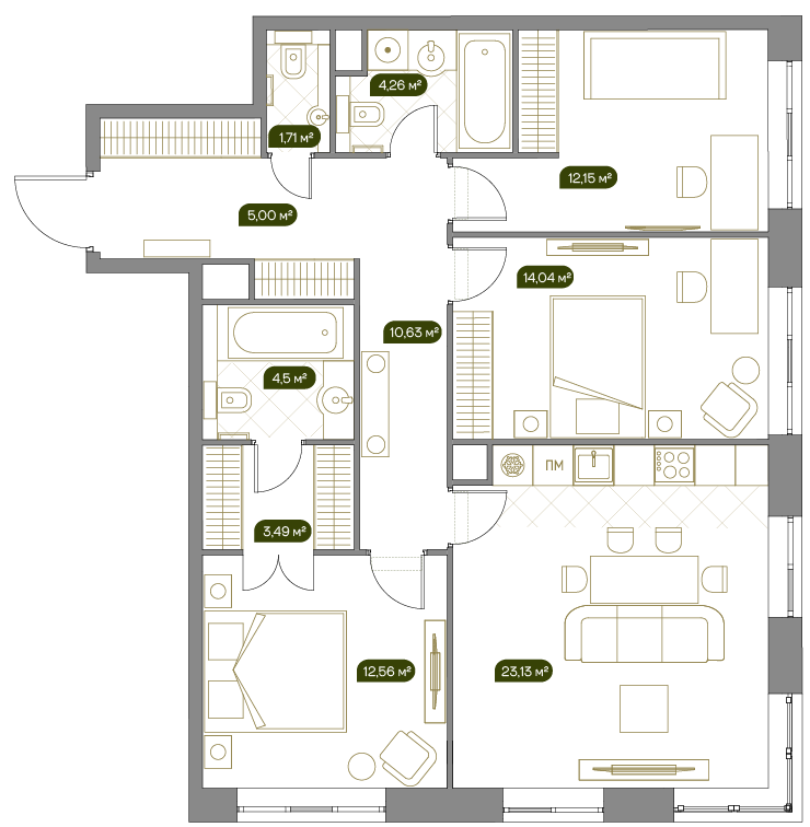 3 комн. кв., 91.6 м<sup>2</sup>, 13 этаж