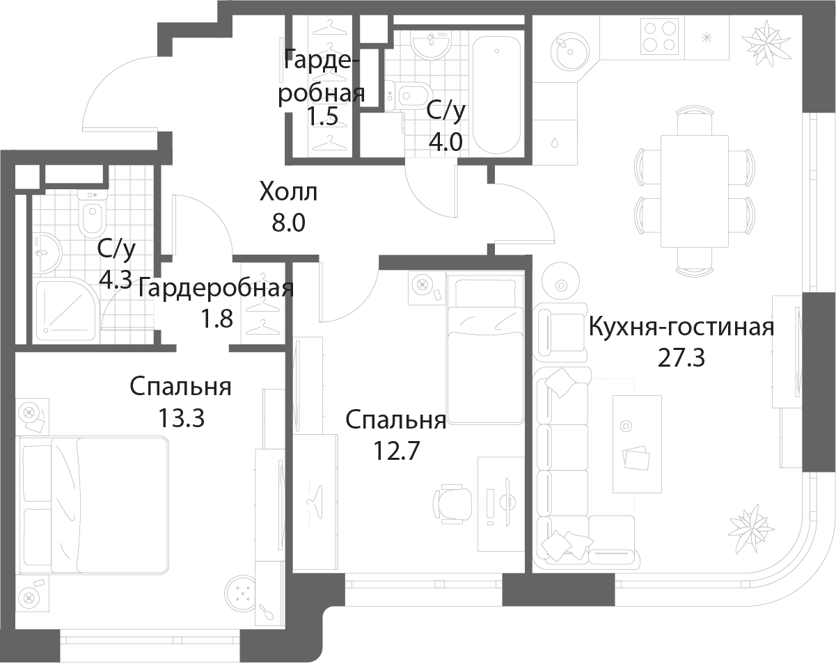 2 комн. кв., 72.6 м<sup>2</sup>, 26 этаж
