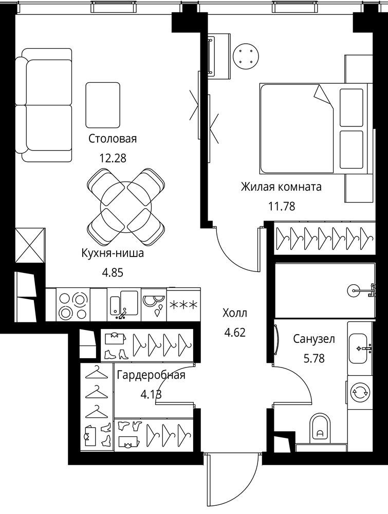 1 комн. кв., 43.44 м<sup>2</sup>, 34 этаж