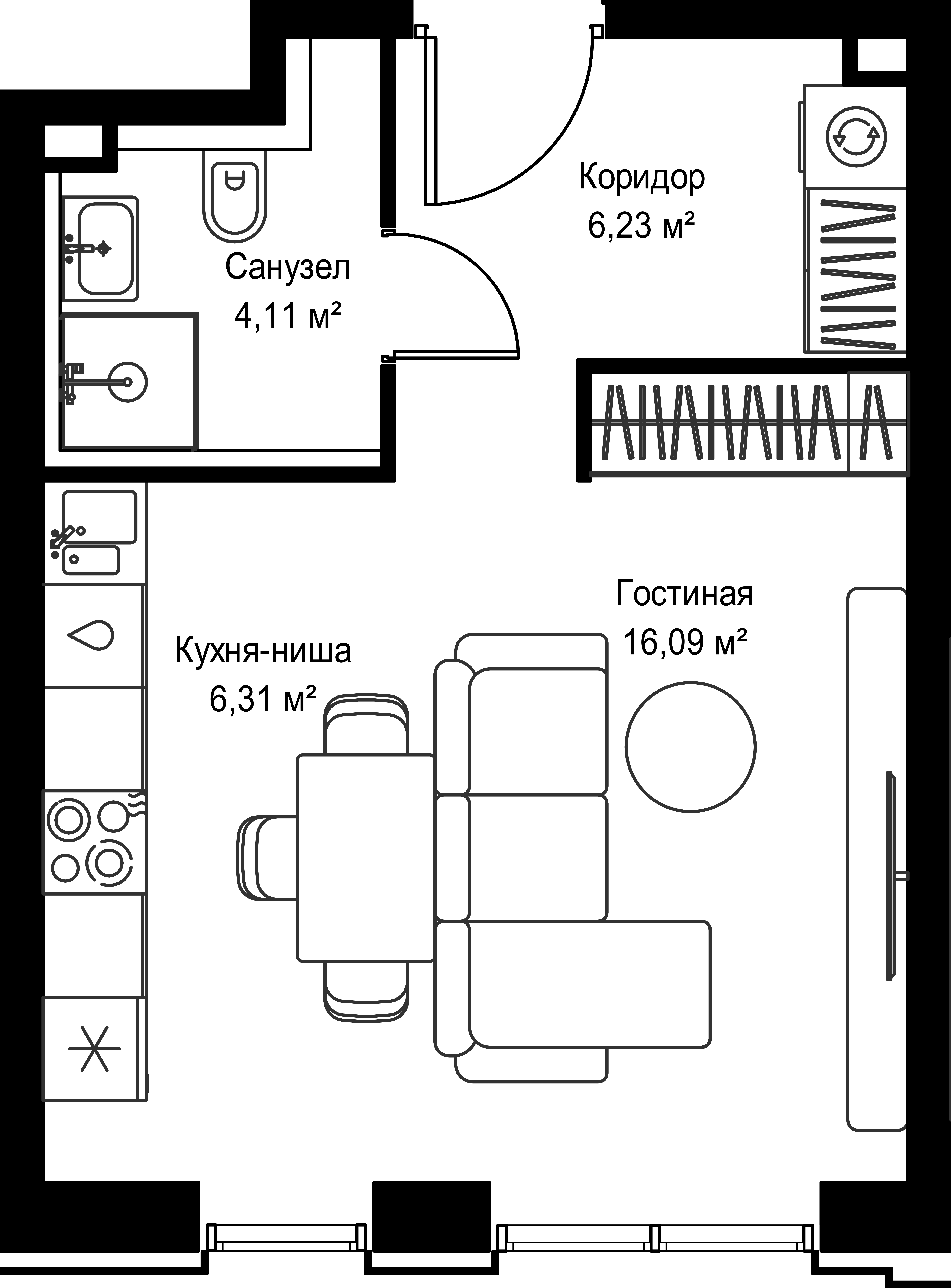 Студия, 32.74 м<sup>2</sup>, 35/39 этаж