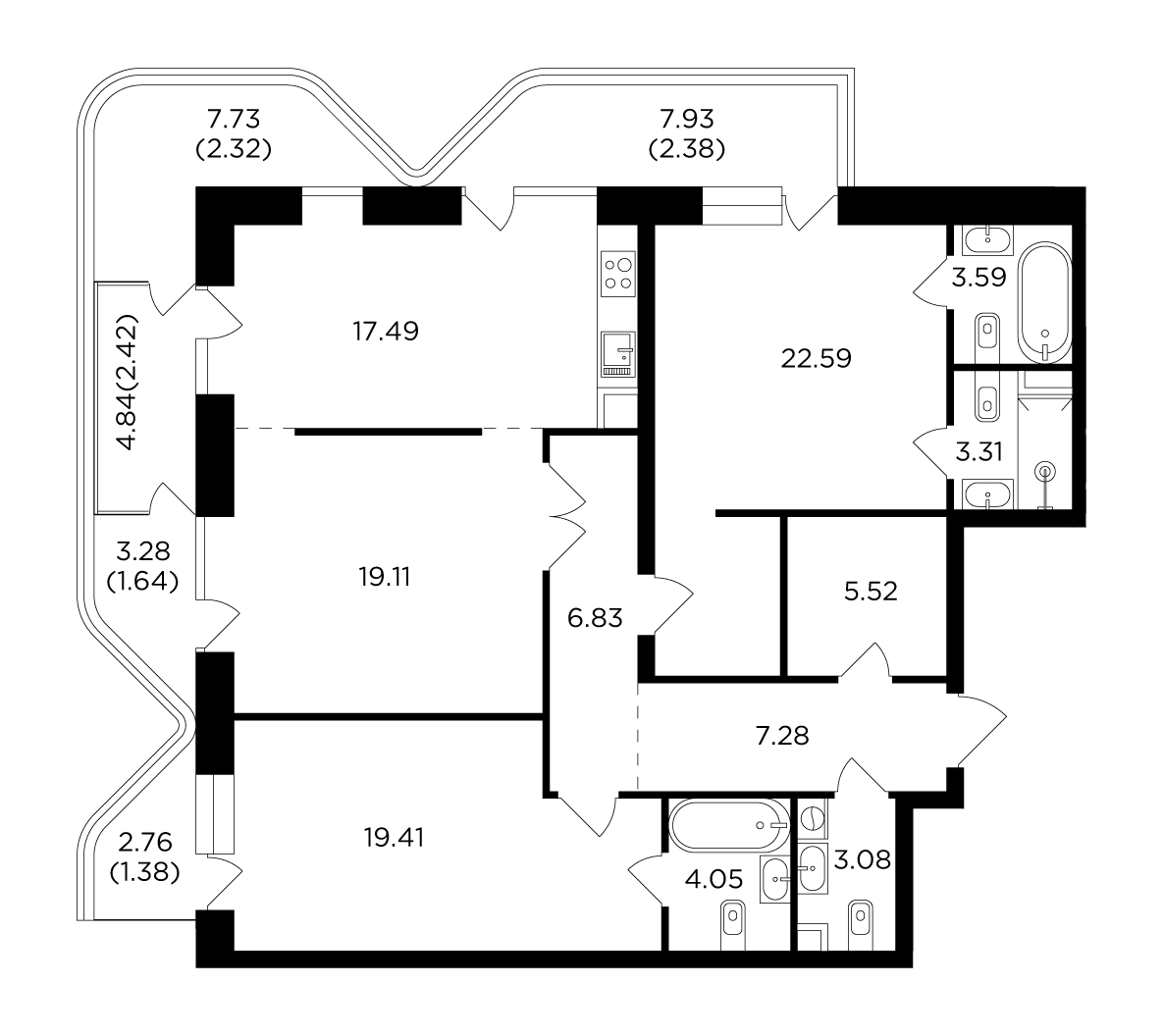 3 комн. кв., 122.4 м<sup>2</sup>, 15 этаж