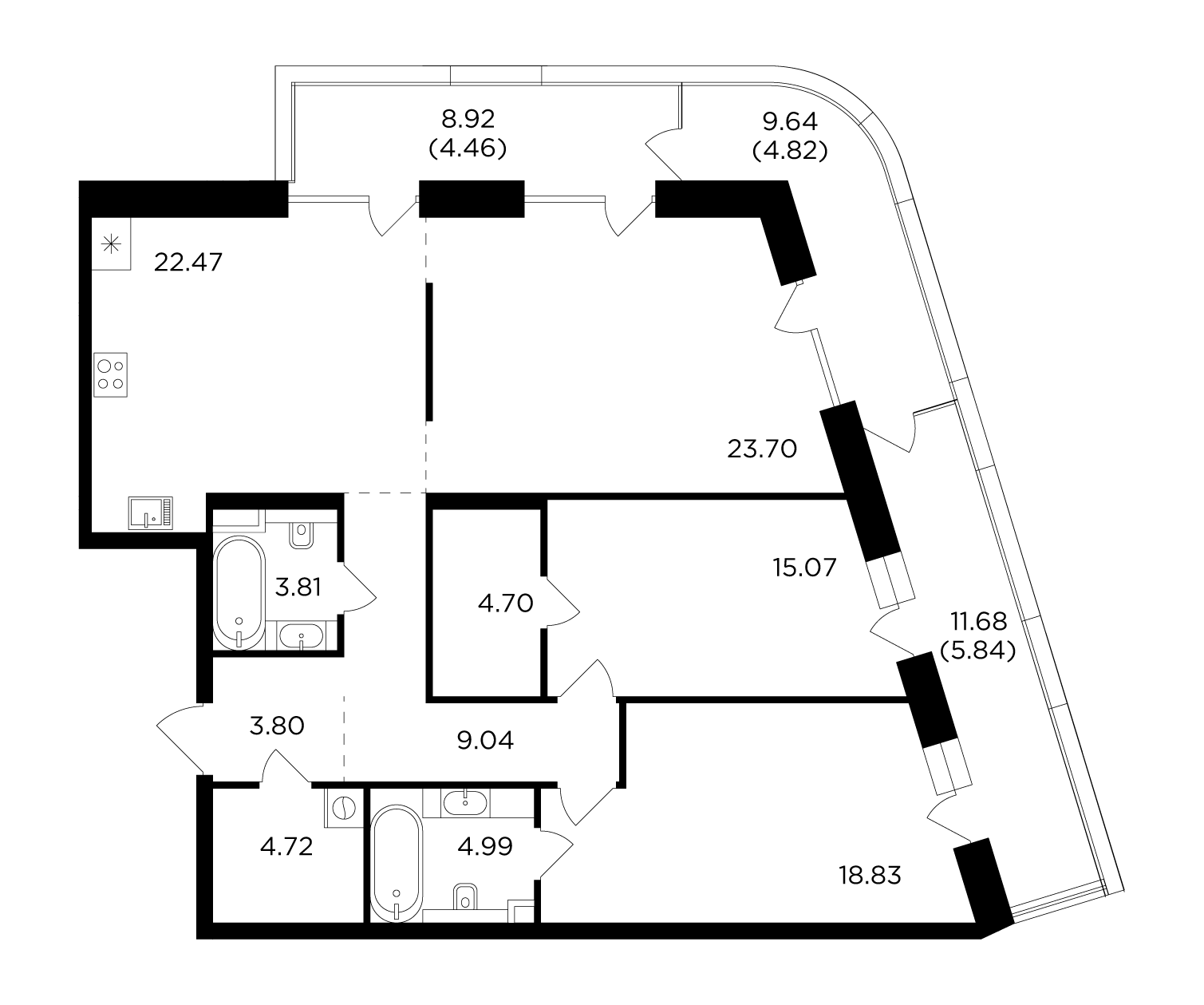 3 комн. кв., 126.25 м<sup>2</sup>, 3 этаж