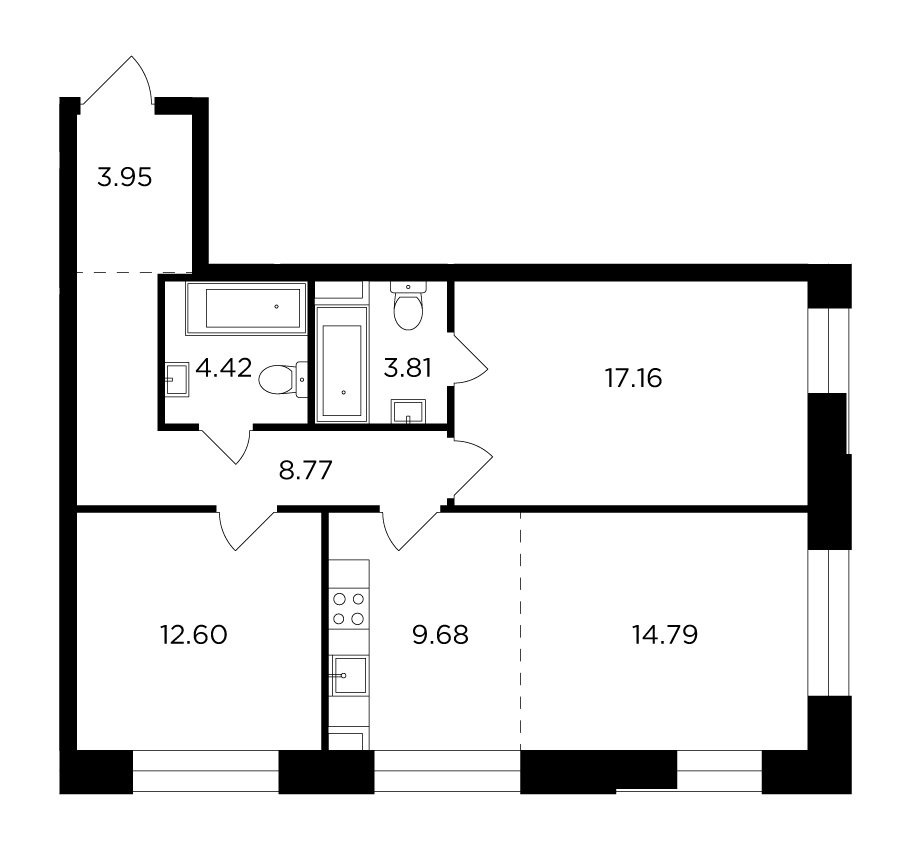 3 комн. кв., 75.18 м<sup>2</sup>, 12 этаж