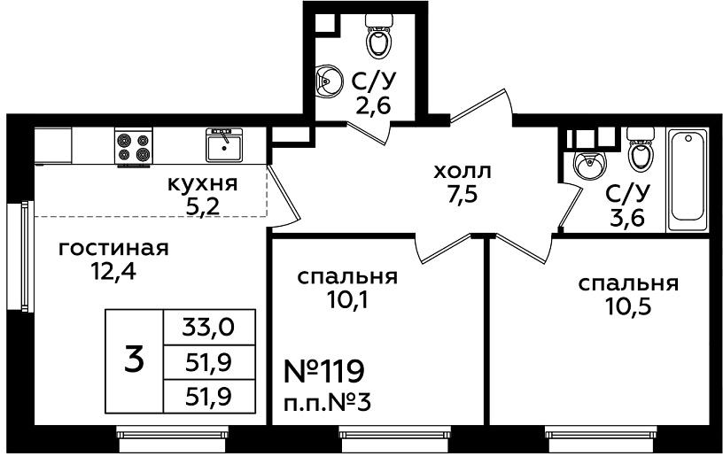 3 комн. кв., 51.7 м<sup>2</sup>, 1/14 этаж