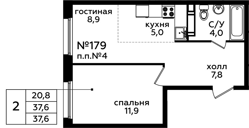 2 комн. кв., 37.8 м<sup>2</sup>, 11/14 этаж
