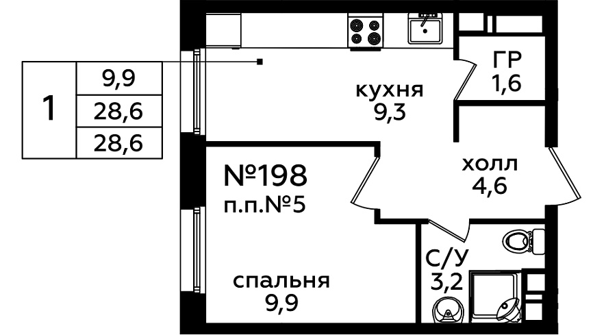 1 комн. кв., 28.9 м<sup>2</sup>, 14/14 этаж