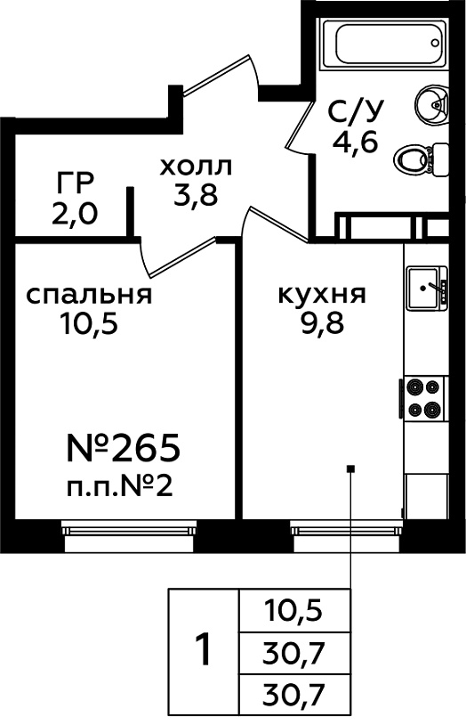 1 комн. кв., 30.5 м<sup>2</sup>, 12/14 этаж
