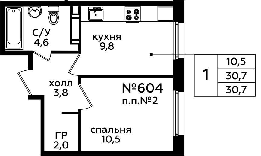 1 комн. кв., 30.3 м<sup>2</sup>, 16/16 этаж