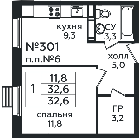 1 комн. кв., 32.6 м<sup>2</sup>, 13/16 этаж