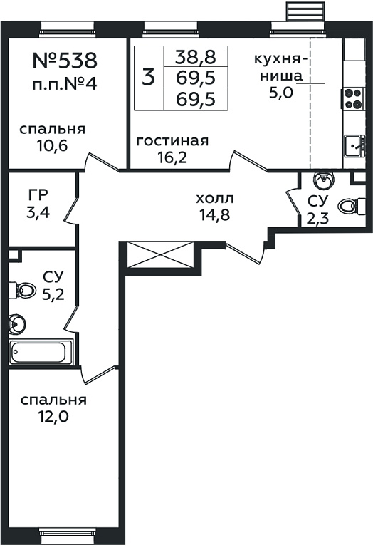3 комн. кв., 69.5 м<sup>2</sup>, 1/16 этаж