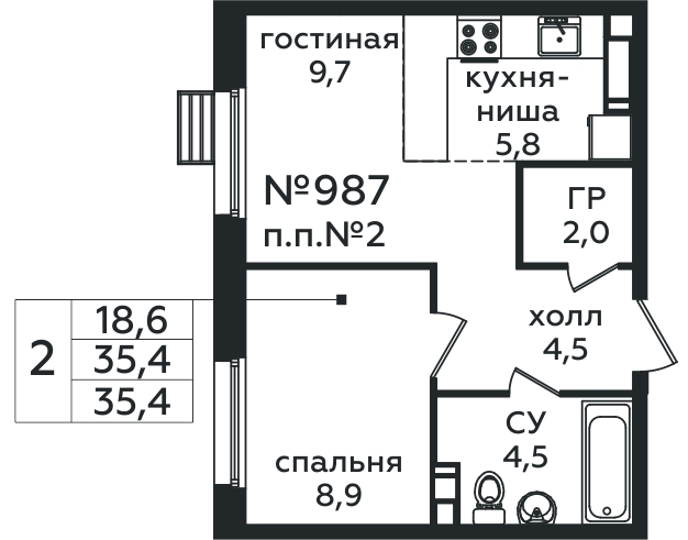 2 комн. кв., 35.4 м<sup>2</sup>, 14/16 этаж