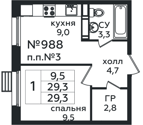1 комн. кв., 29.3 м<sup>2</sup>, 14/16 этаж