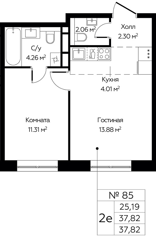 2 комн. кв., 37.82 м<sup>2</sup>, 7 этаж