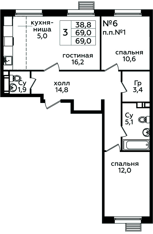 3 комн. кв., 69 м<sup>2</sup>, 3/9 этаж