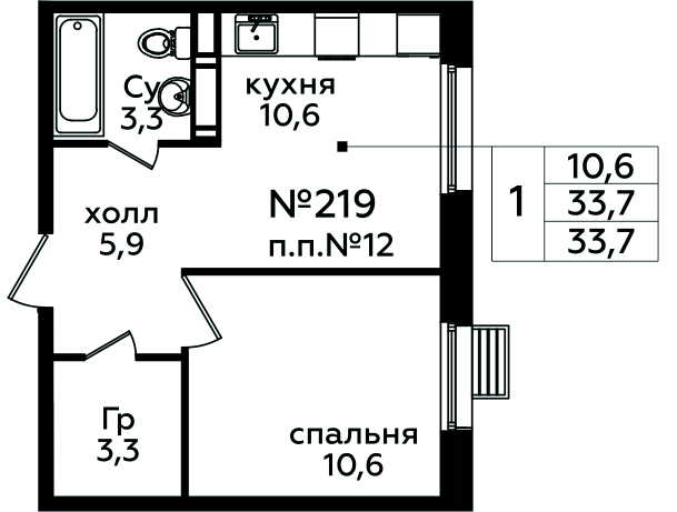 1 комн. кв., 33.7 м<sup>2</sup>, 4/14 этаж
