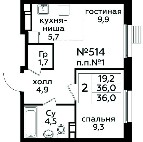 2 комн. кв., 36 м<sup>2</sup>, 16/16 этаж