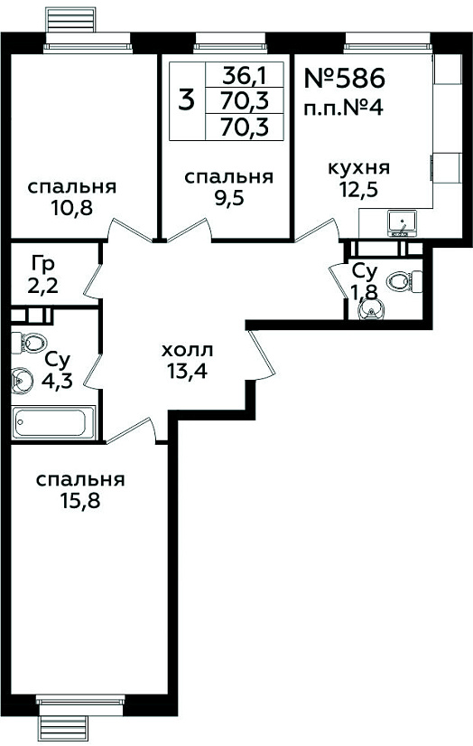 3 комн. кв., 70.3 м<sup>2</sup>, 16/16 этаж