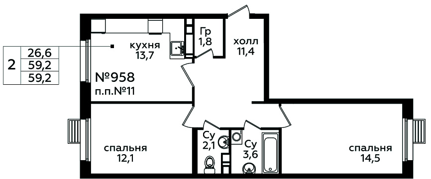 2 комн. кв., 59.2 м<sup>2</sup>, 3/16 этаж