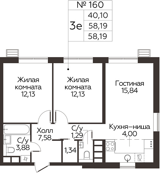 3 комн. кв., 58.19 м<sup>2</sup>, 17 этаж