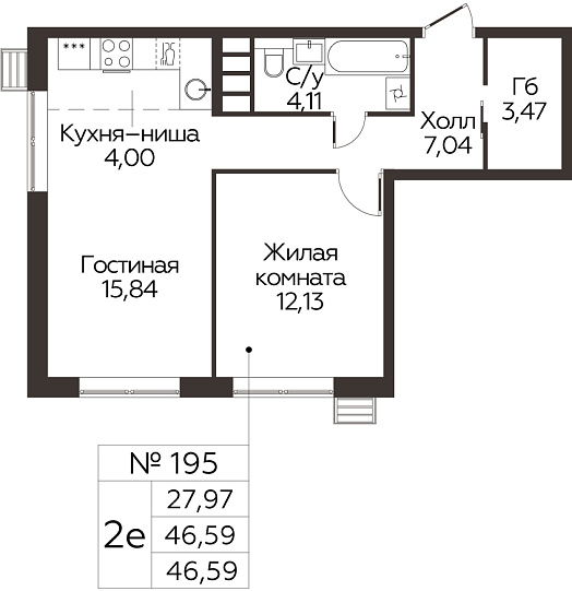 2 комн. кв., 46.59 м<sup>2</sup>, 21 этаж