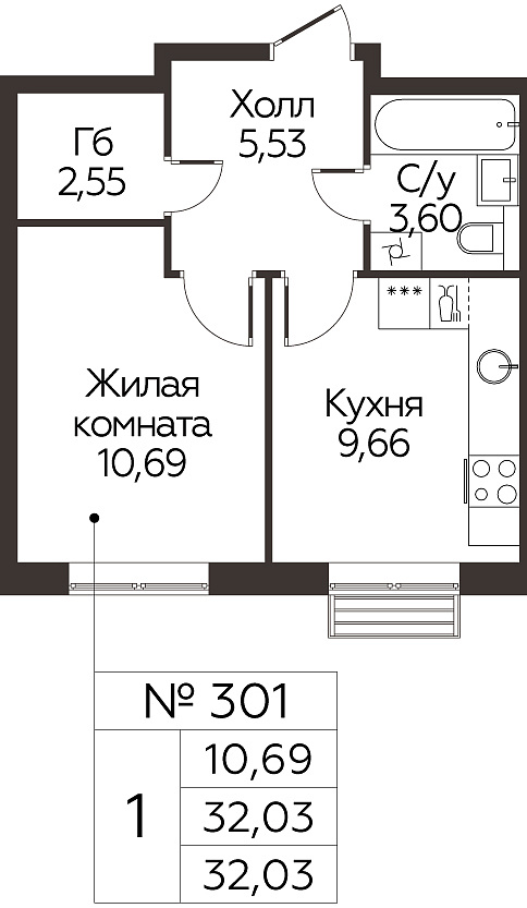 1 комн. кв., 32.03 м<sup>2</sup>, 4 этаж